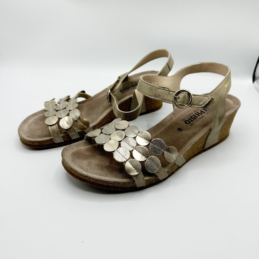 Mephisto Matilde Wedge Sandal Womens 40 Metallic Gold Silver Leather Comfort